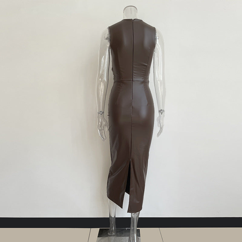 Vintage Irregular PU Leather Sleeveless Long Dresses