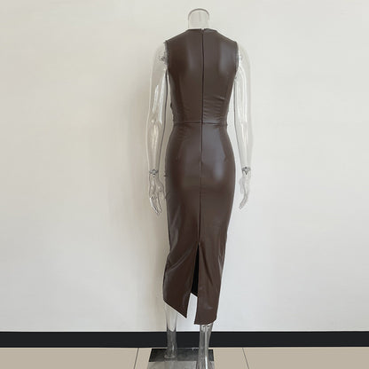 Vintage Irregular PU Leather Sleeveless Long Dresses