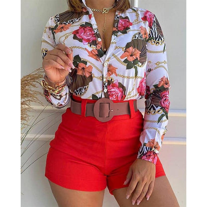 Casual Summer Stand Collar Long Sleeves Shirts and Shorts Without Belt