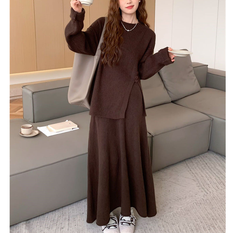 Casual Round Neck Knitted Sweaters & Split Front Skirts