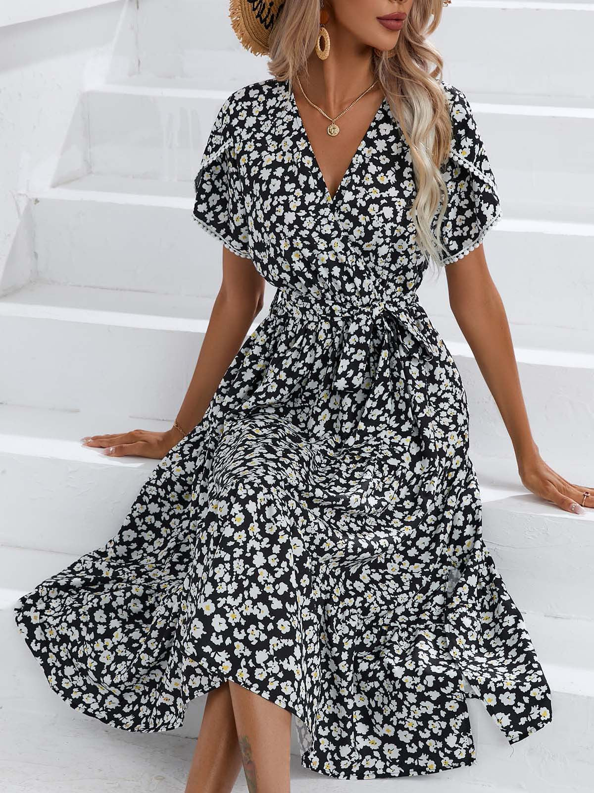 Leisure Summer V Neck Women Midi Dresses