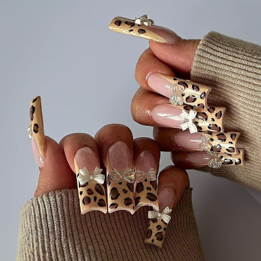 Fashion Women Leopard Bow False Press on Nails