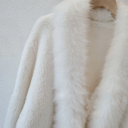 White Fox Fur Neck Short Knitted Jackets for Women