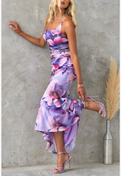Trendy Explosive One Shoulder Floral Elastic Bodycon Dress