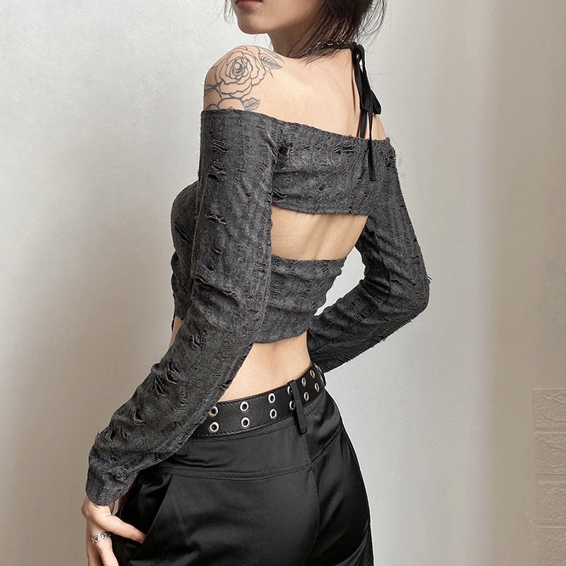 Fashion Gray Off The Shoulder Halter Short Shirts