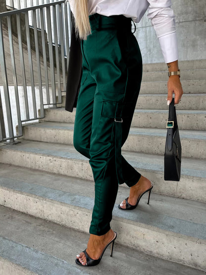 Fashion Pu Leather Slim Waist Women Pants with Pocket