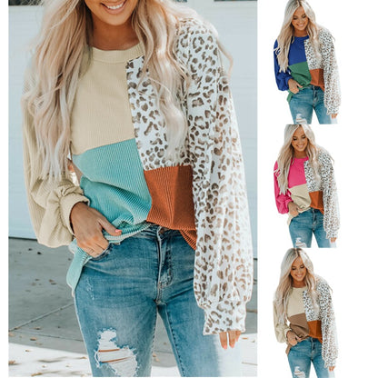 Casual Autumn and Winter Contrasting Color Leopard Knitted Long-sleeves Women Tops
