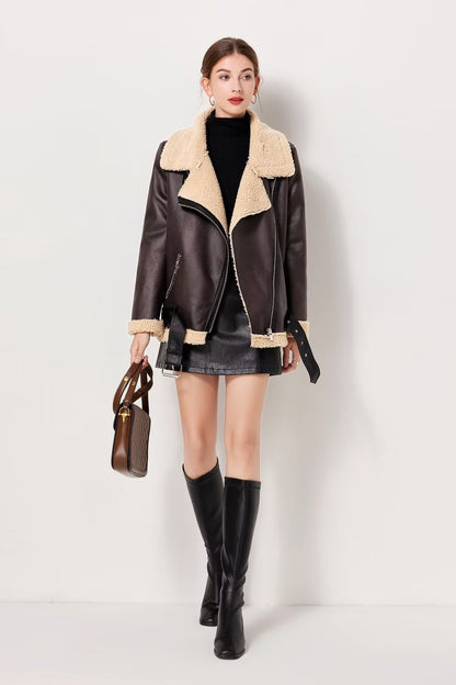 Fashion Winter Pu Leather with Fur Motorcycle Jacket Coats