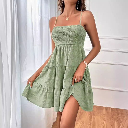 Summer Spaghetti Straps Suspender Solid Color Versatile Daily Dresses