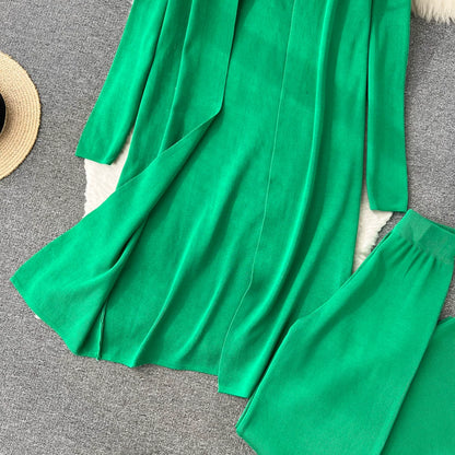 Fashion Fall Knitted 3pcs Cardigan High Neck Sweater Wide Legs Pants