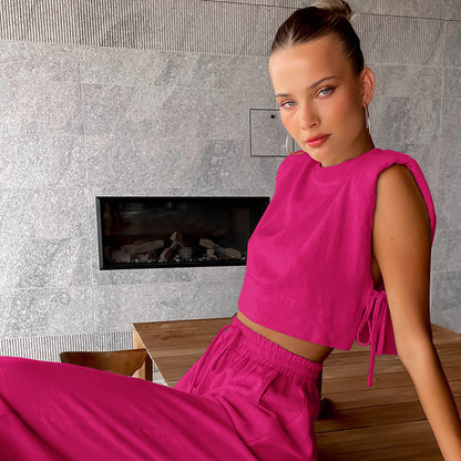 Casual Summer Cotton Linen Sleeveless Tops & Cropped Pants Suits