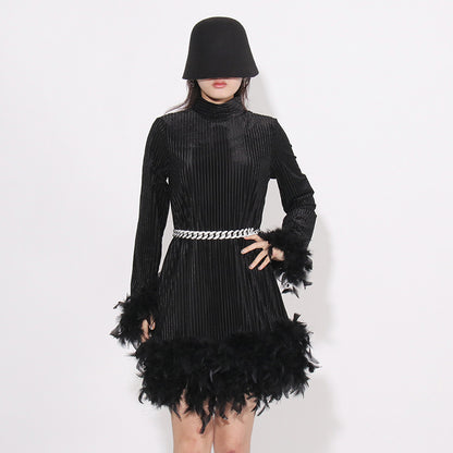 Vintage Feather Design Long Sleeves Short Dresses