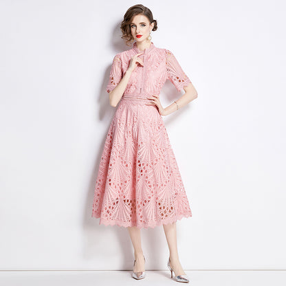 Vintage Embroidery Summer Pink Lace Dresses