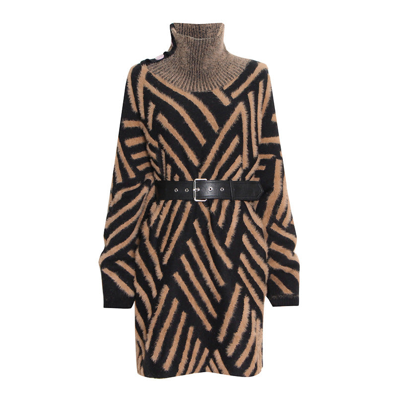 Fashion Designed Stand Collar Long Sleeves Knitted Sweaters with Belt