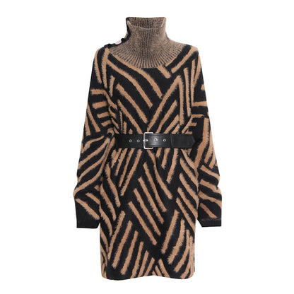 Fashion Designed Stand Collar Long Sleeves Knitted Sweaters with Belt