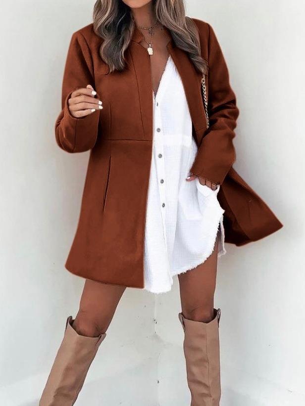Fashion Long Sleeves Wool Overcoat with Pockets