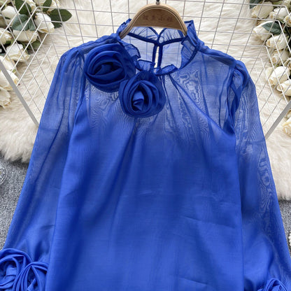 Designed 3D Flowers Chiffon Long Sleeves Shirts