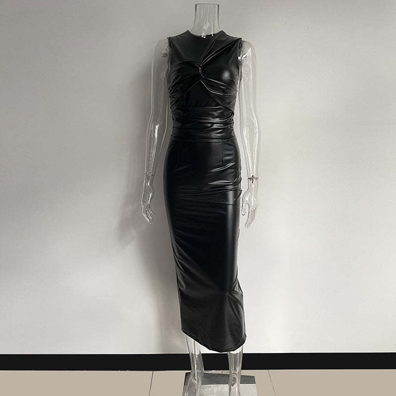 Vintage Irregular PU Leather Sleeveless Long Dresses