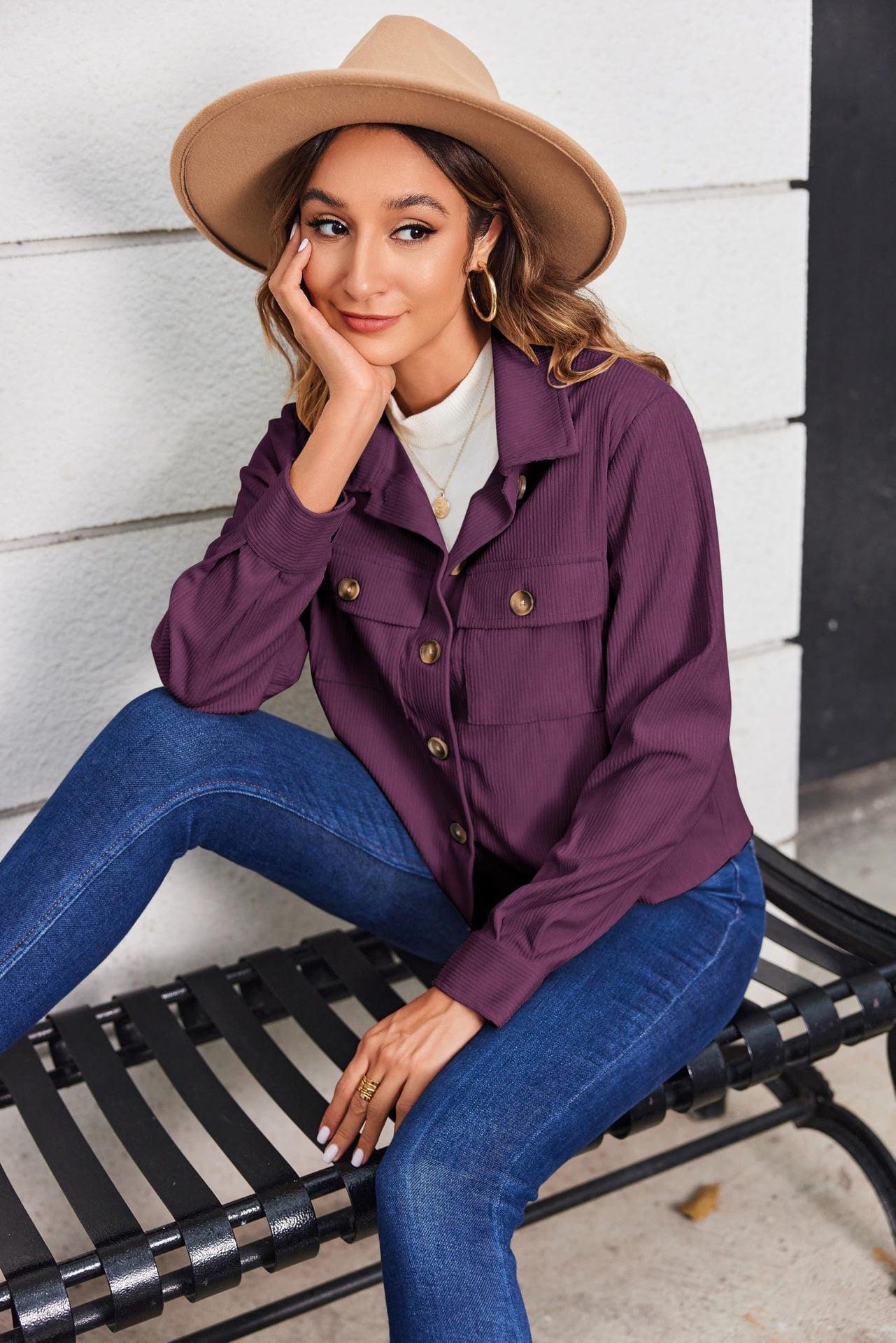 Women's Fashion Casual Short Shirt Corduroy Button-up Top Jackets