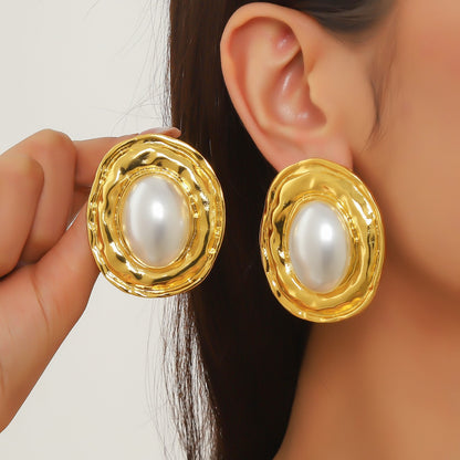 Vintage Metal Wind Oval Glossy Earrings Women's Retro Temperament Geometric Stud Earrings
