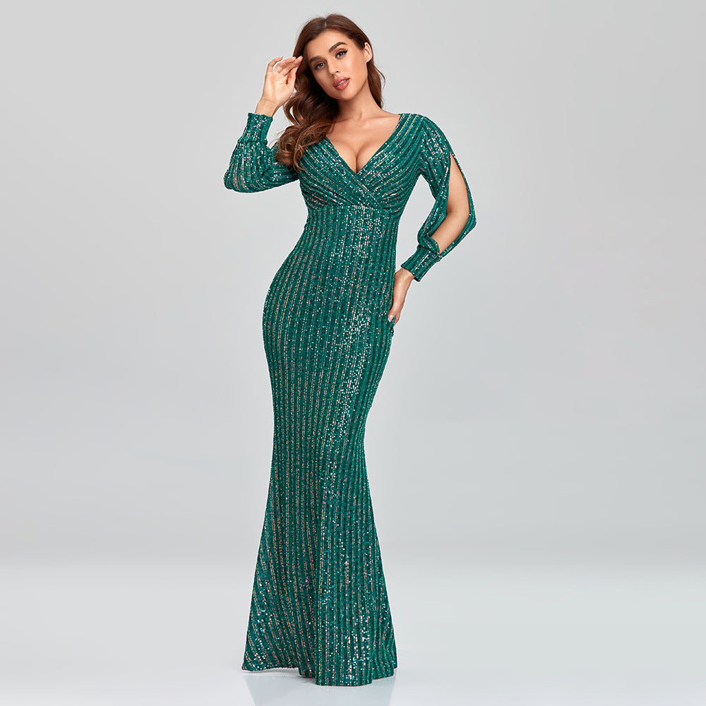 Sexy V Neck Sequined Mermaid Evening Dresses