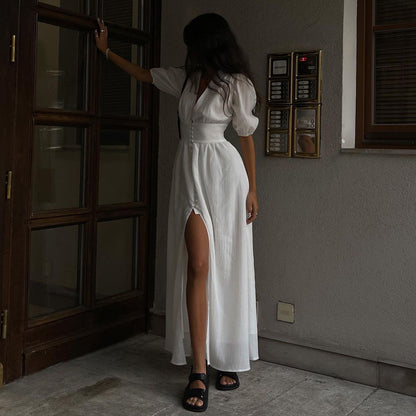 Elegant V Neck Designed Split Front Long Dresses
