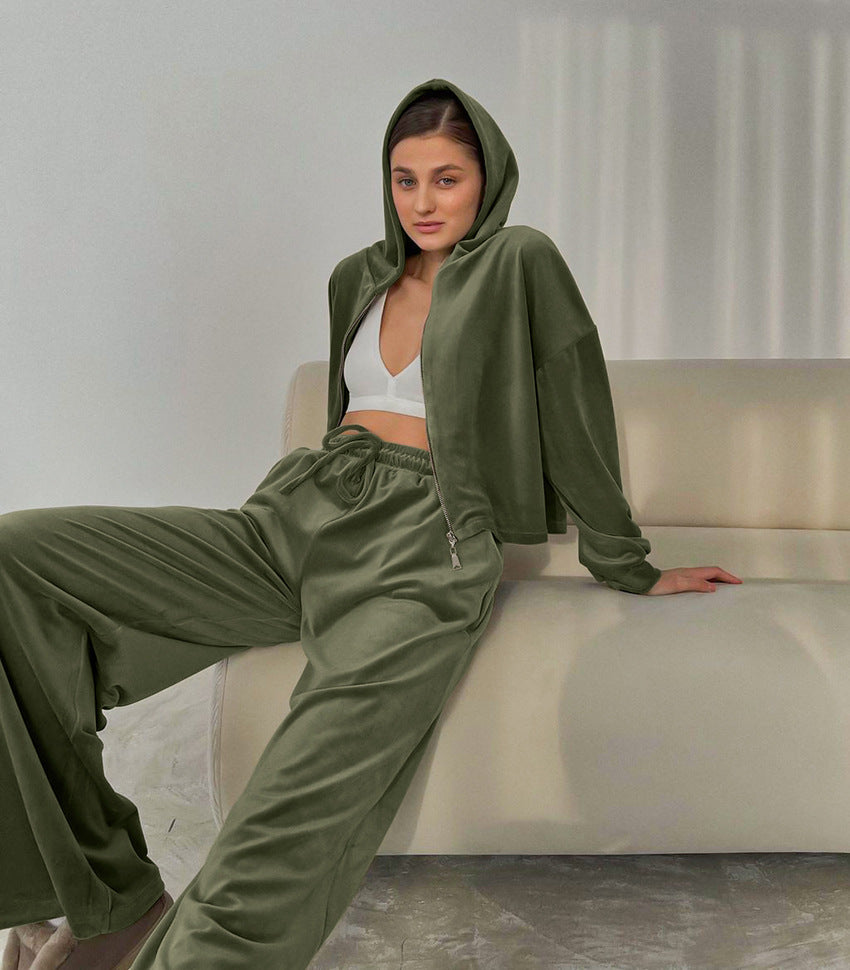 Casual Fashion Pleuch Hoodies & High Waist Pants Women Outfit Sets