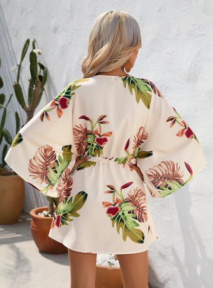 Casual Summer Leaf Print Half Sleeves Mini Dresses