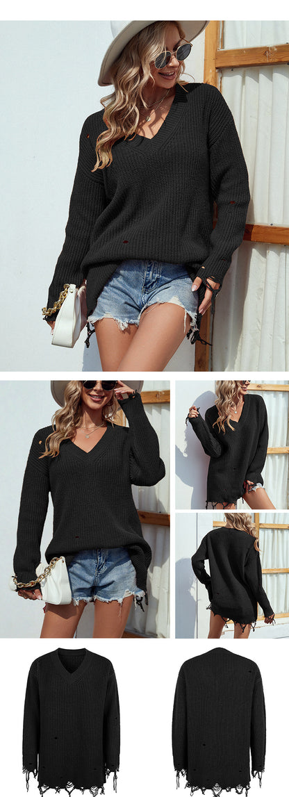 Casual V Neck Long Sleeves Knitted Fall Sweaters
