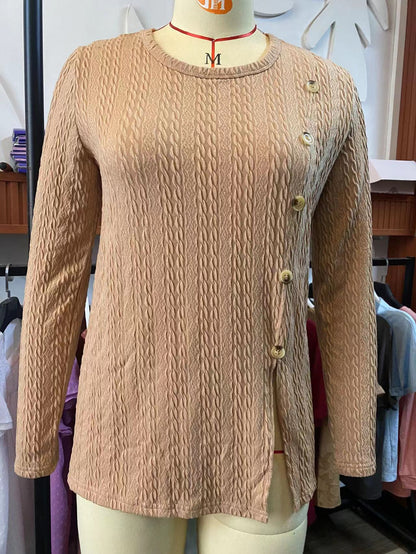 Fashion Round Neckline Button Long Sleeves Shirts