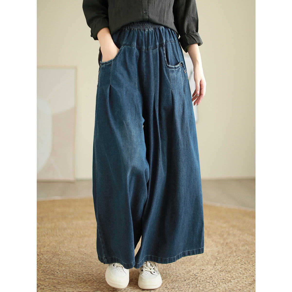 Casual Elastic Waist Fall Wide Legs Jeans for Women