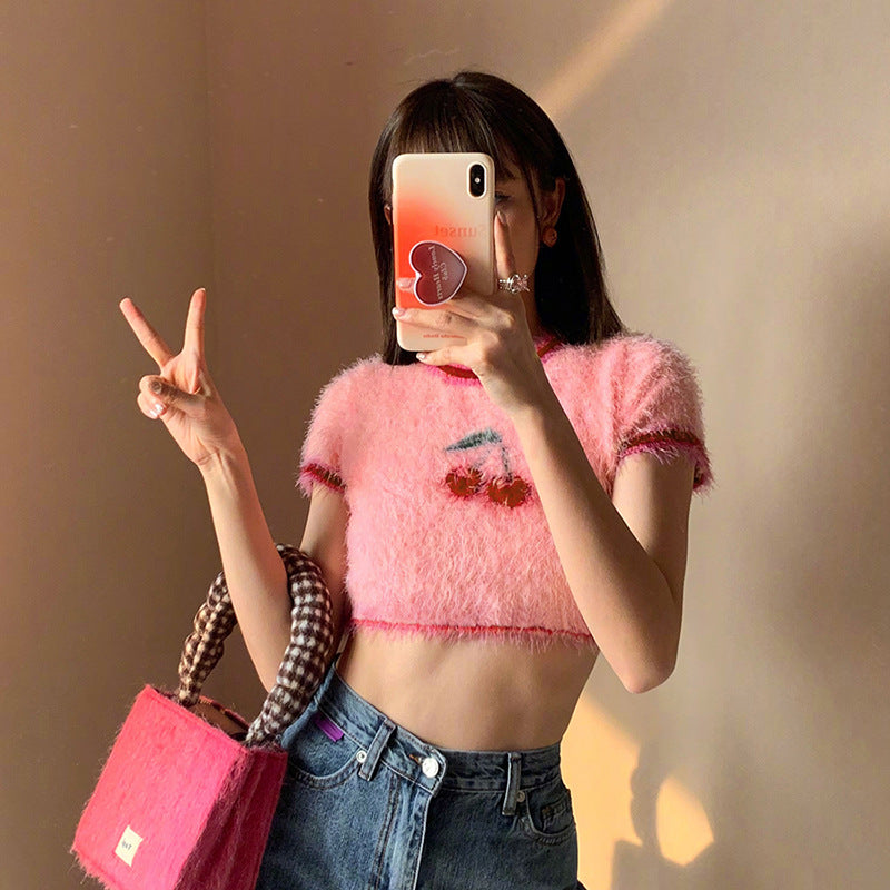 Fashion Cherry Design Midriff Baring Woven T  Shirts