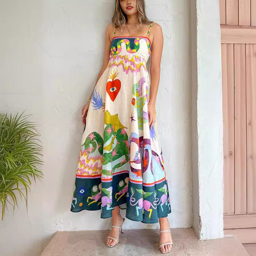 Casual Long Dress Women's Garment Suspender Print Sleeveless Pendulum Dress