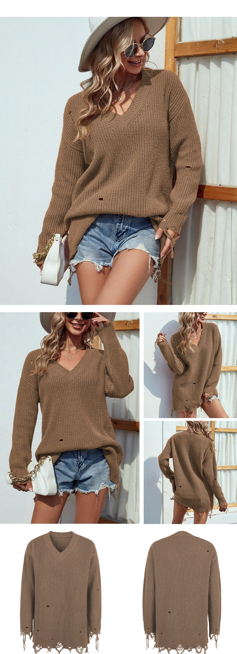 Casual V Neck Long Sleeves Knitted Fall Sweaters