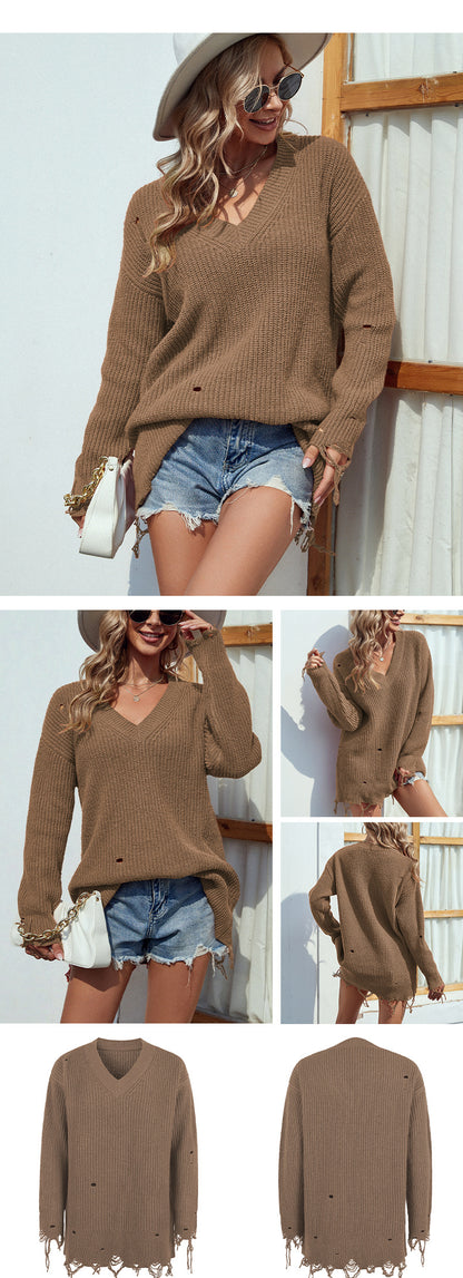 Casual V Neck Long Sleeves Knitted Fall Sweaters