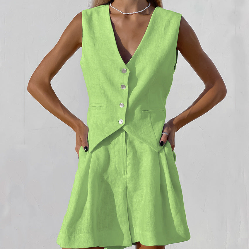 Designed Linen Cotton Summer Sleeveless Tops and Shorts Sets