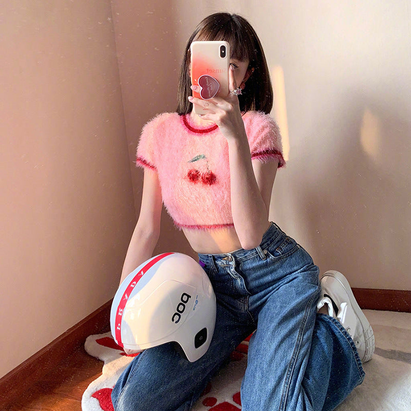 Fashion Cherry Design Midriff Baring Woven T  Shirts