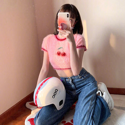 Fashion Cherry Design Midriff Baring Woven T  Shirts