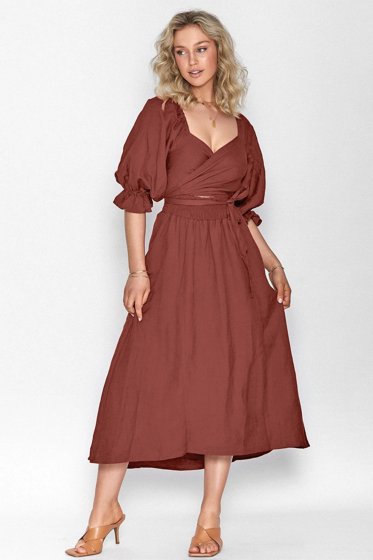 Summer High Waist Long Sleeves Double Sides Midi Dresses