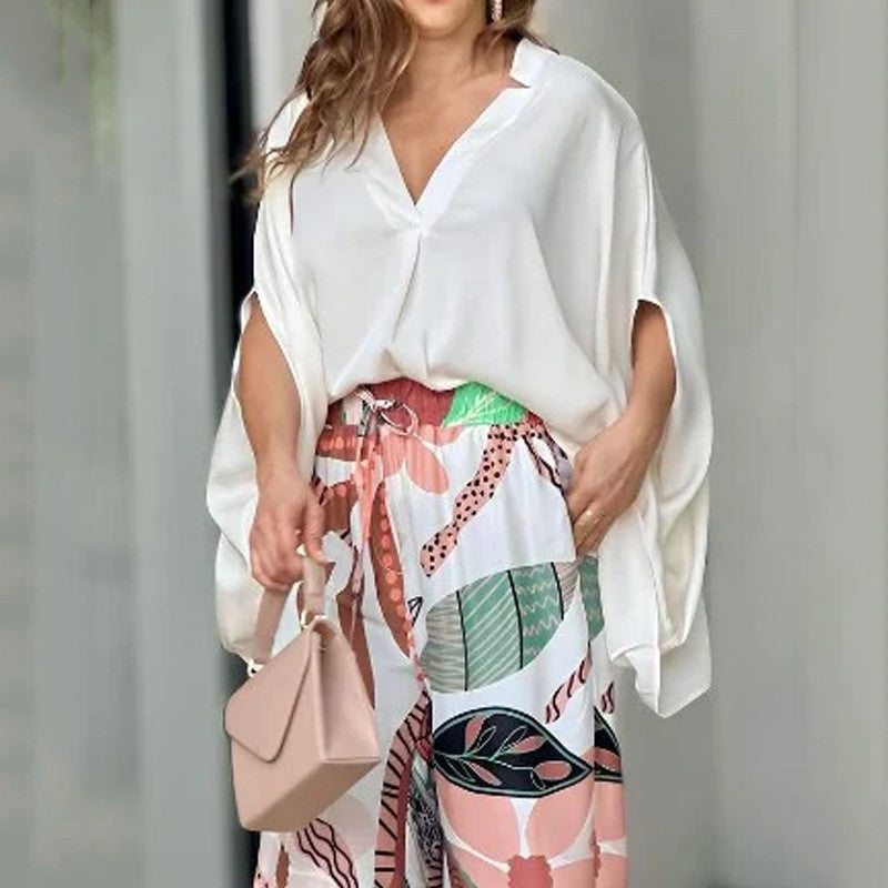 Summer V Neck Long Sleeves Shirts & Wide Leg Pants