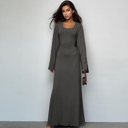 Sexy U Neck Back Lace Up Long Sleeves Dresses