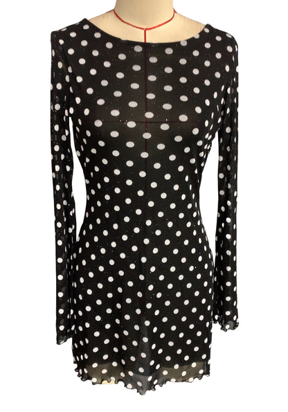 Elegant Women's Mesh Polka Dot Printing Round Neck Backless Long-sleeves Dresses