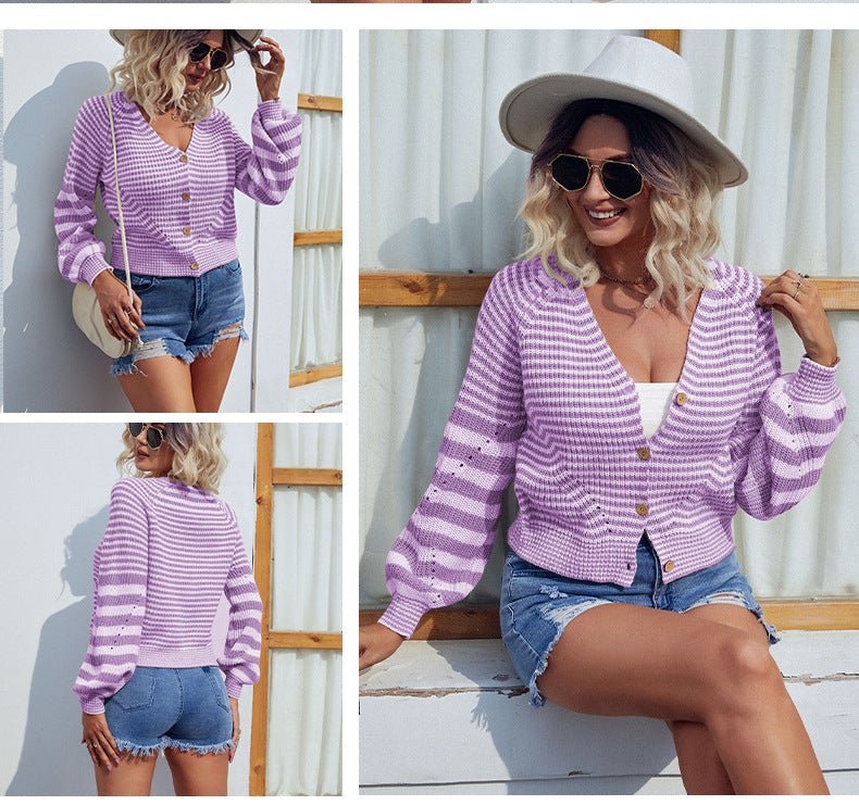 Casual Fall Knitted Striped Cardigan Coats for Women