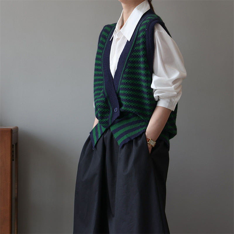 Vintage Designed Striped Knitted Top Vest