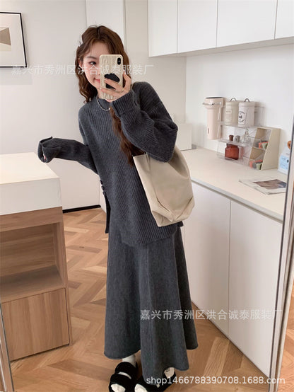 Casual Round Neck Knitted Sweaters & Split Front Skirts