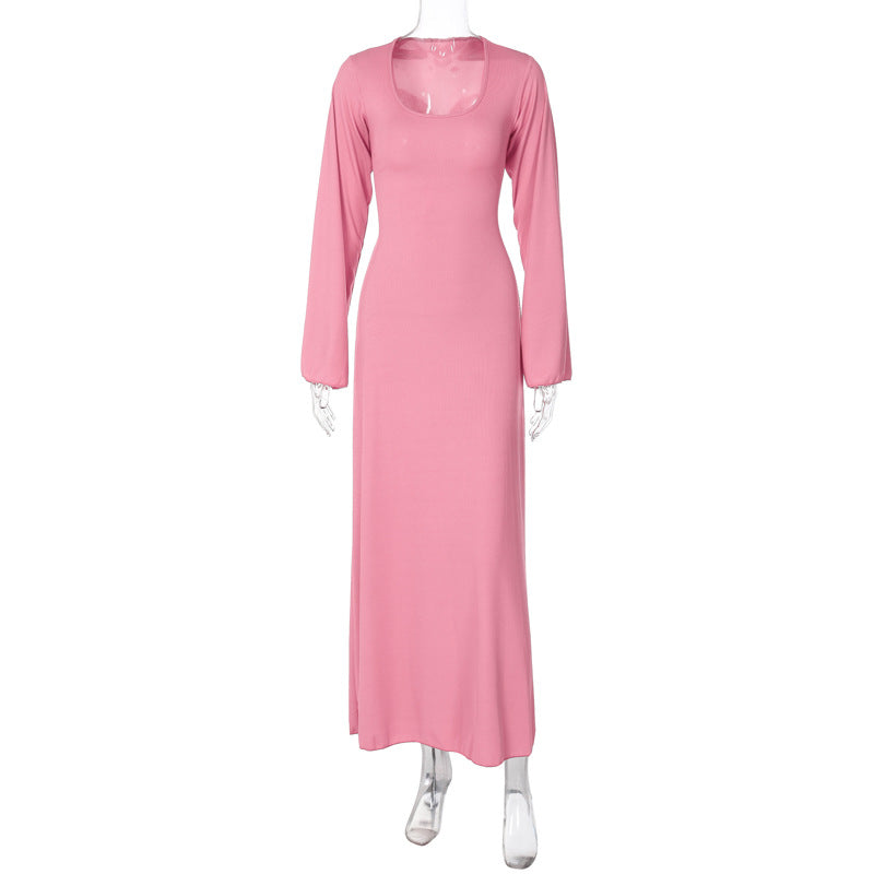 Sexy U Neck Back Lace Up Long Sleeves Dresses