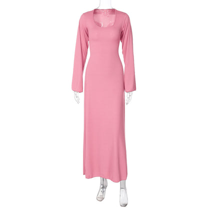 Sexy U Neck Back Lace Up Long Sleeves Dresses