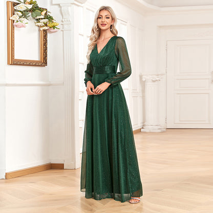 Green Chiffon V Neck Long Sleeves Party Dresses/bridesmaid Dresses