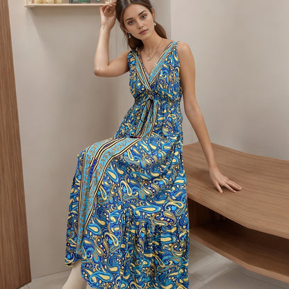 Bohemian Cotton Sleeveless V Neck Long Maxi Dresses