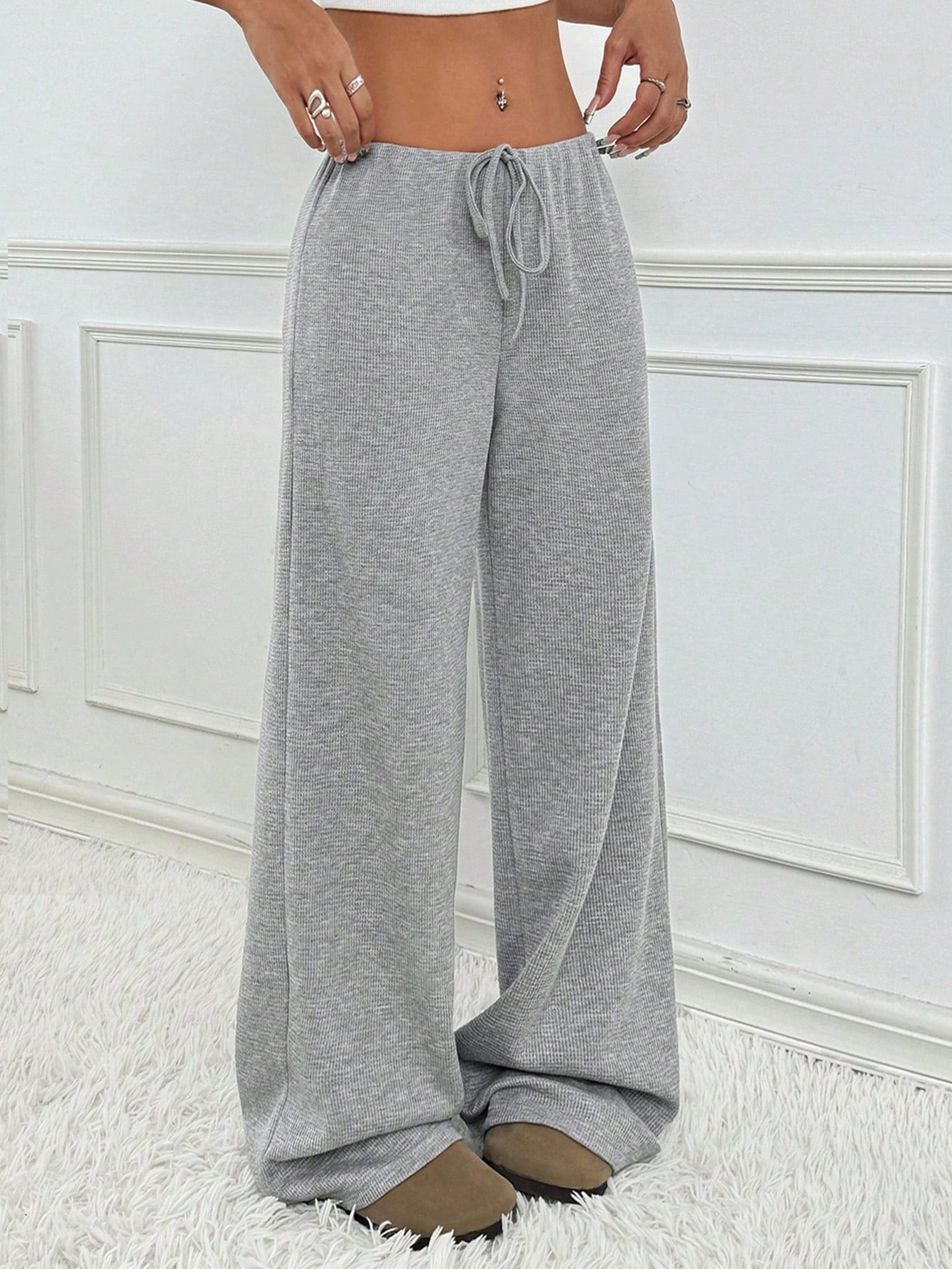 Casual Women Striped Solid Color Pull Rope Cotton Straight Pants